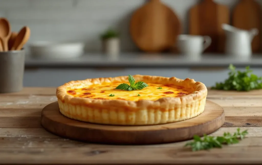 Quiche dorée reposant sur une plaque après cuisson au four.