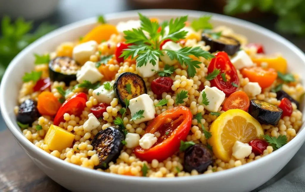 Salade de couscous perlé agrémentée de légumes variés et colorés dans un bol.
