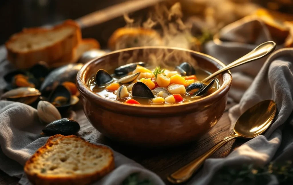 Une assiette de soupe bretonne garnie de fruits de mer comme des moules et des crevettes.