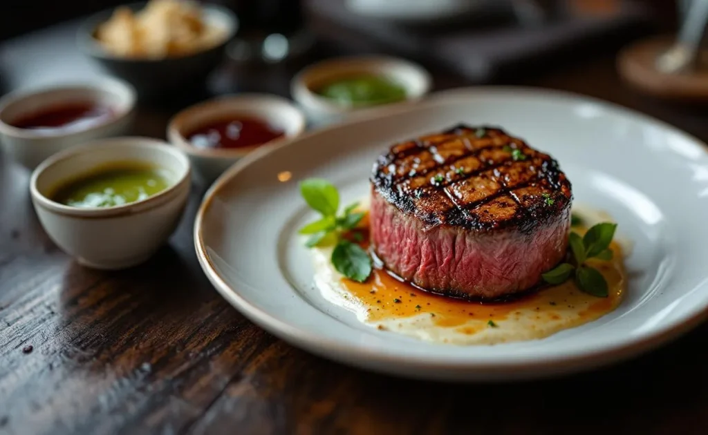 Un tournedos accompagné de plusieurs sauces dressé dans une assiette.