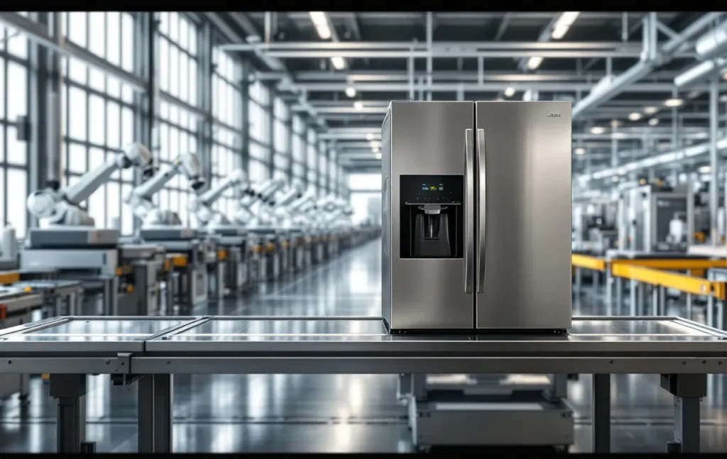 Un appareil de cuisine Silvercrest posé sur une chaîne d’assemblage dans une usine moderne, avec des machines et une lumière douce venant de grandes fenêtres industrielles.