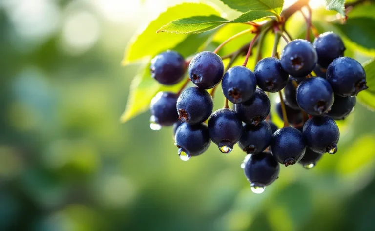 Grappe de baies d'amélanchier mûres suspendues à une branche feuillue sous une lumière douce du matin.