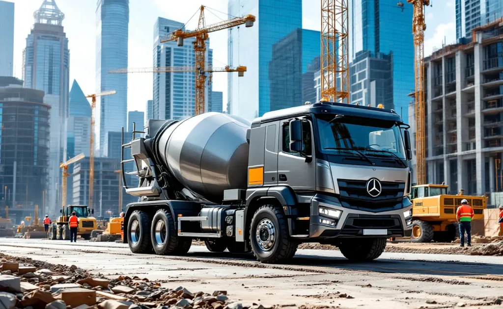 Un camion toupie moderne livre 7 mètres cubes de béton sur un chantier animé, avec des machines récentes et une ville en arrière-plan sous la lumière du jour.