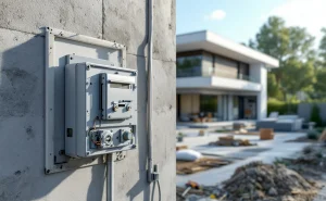 Maison moderne en plein jour avec un coffret électrique de chantier au premier plan, des fils apparents et des indices de travaux en cours.