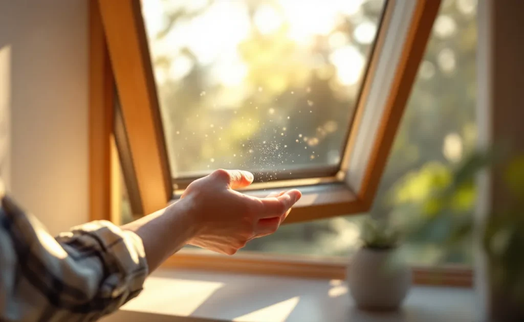 Une personne manipule délicatement la poignée d'une fenêtre oscillo-battante coincée à moitié ouverte, baignée de lumière naturelle révélant des particules de poussière.