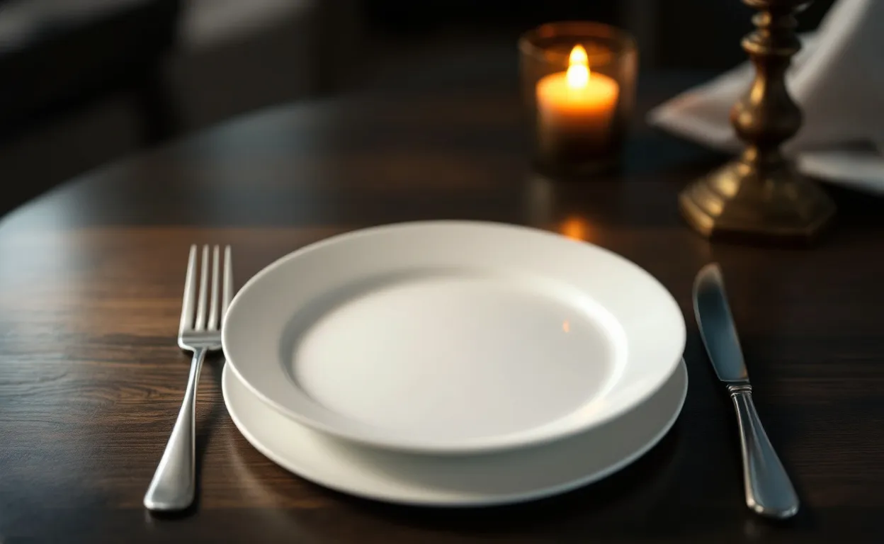 Assiette en porcelaine blanche posée sur une table de restaurant élégante, avec des couverts disposés de façon signifiante.