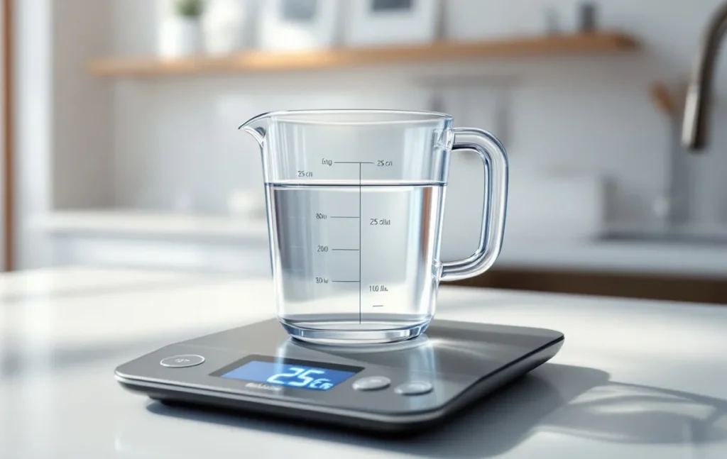 Un verre doseur transparent rempli à 25 centilitres d’eau repose sur une balance de cuisine numérique dans une cuisine lumineuse.