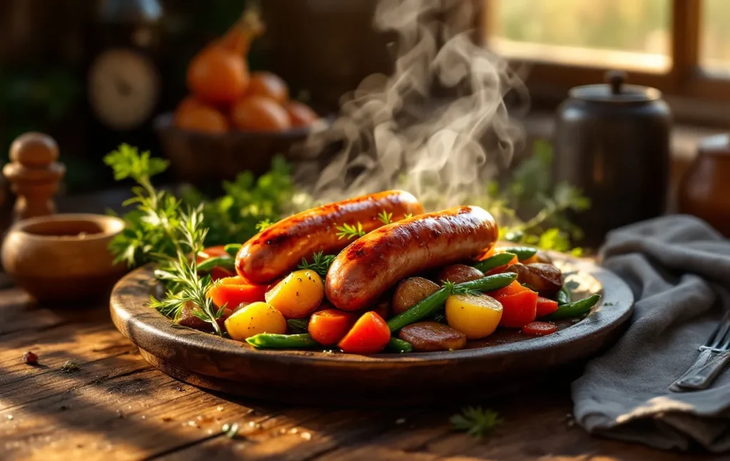 Saucisses de Montbéliard fumantes posées sur des légumes rôtis variés, le tout sur une table en bois éclairée par une lumière naturelle.