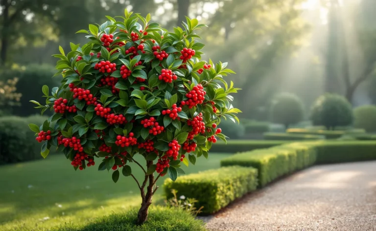 Un arbuste Skimmia japonica adulte aux feuilles luisantes et baies rouges se dresse dans un jardin brumeux baigné de lumière matinale.