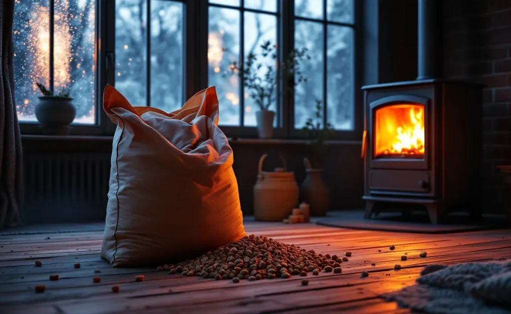 Un sac presque vide de granulés de bois de 15 kg repose près d’un poêle à pellets allumé dans un salon d’hiver baigné d’une lumière tamisée.