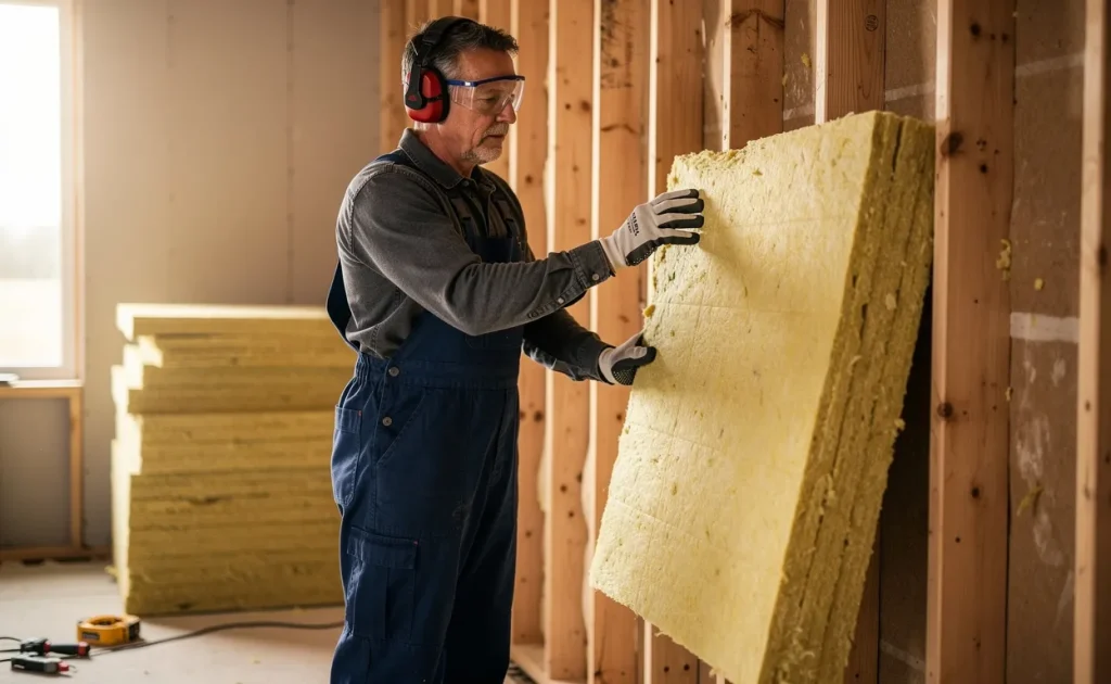 Un artisan en salopette et équipement de protection installe des panneaux d’isolation à l’intérieur d’une maison moderne éclairée par la lumière du jour.