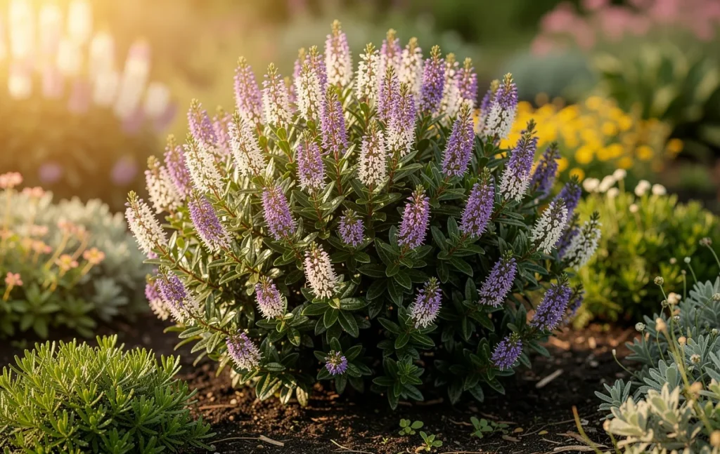 Un arbuste veronique en fleurs violettes et blanches trône au centre d’un massif de jardin sous une lumière dorée, entouré de feuilles persistantes luisantes.