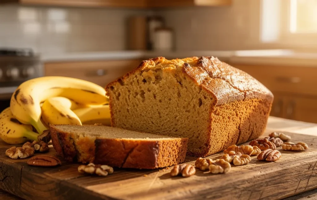 Tranche de banana bread doré et moelleux sur une planche en bois, entourée de bananes fraîches et de noix dans une cuisine baignée de lumière naturelle.