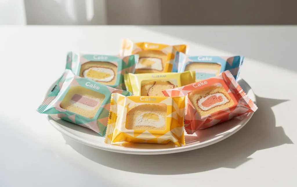 Assortiment de gâteaux industriels emballés dans des packagings colorés, posés sur une table blanche sous une lumière douce.
