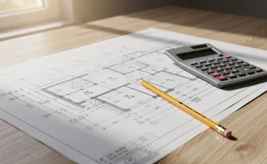 Des plans d’architecture détaillés sont posés sur une table en bois près d’une calculatrice et d’un crayon, éclairés par la lumière du jour.