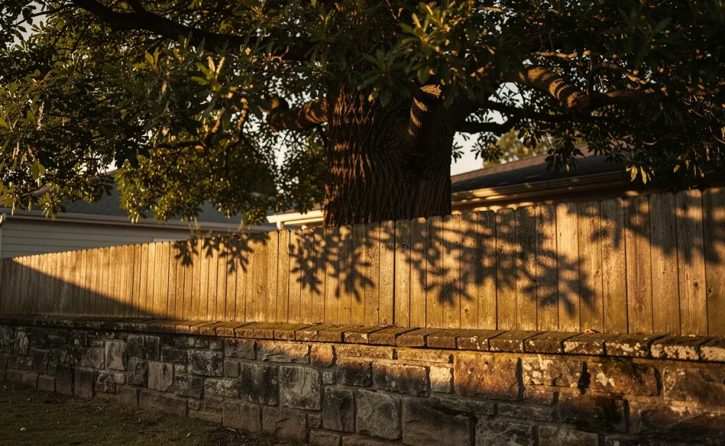 Un grand arbre proche d’une clôture projette des ombres détaillées sur un vieux mur de pierre sous une lumière chaude de l’après-midi.