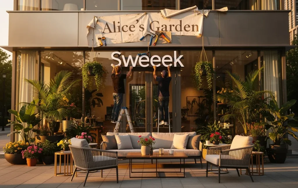Façade moderne d’un magasin où l’enseigne Alice’s Garden est remplacée par le logo Sweeek, entourée de mobilier d’extérieur et de plantes luxuriantes sous une lumière dorée.