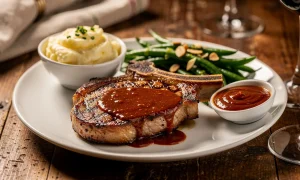 Une côte de porc épicée à la diable repose sur une table en bois rustique, accompagnée de purée onctueuse et de haricots verts dans une lumière chaleureuse.