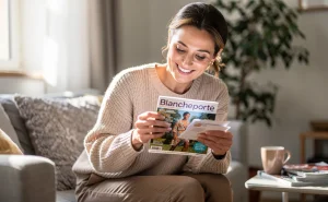 Une femme souriante assise chez elle ouvre sa boîte aux lettres et découvre un nouveau catalogue Blancheporte dans une pièce baignée de lumière naturelle.