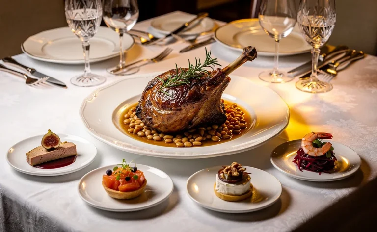 Table de dîner française dressée avec cinq amuse-bouches sur des petites assiettes et un gigot d’agneau rôti accompagné de flageolets, sous un éclairage chaleureux.