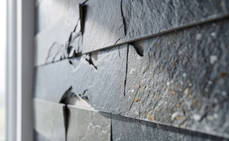 Feuilles minces de pierre collées sur un mur moderne gris, avec les bords légèrement décollés et montrant des imperfections.
