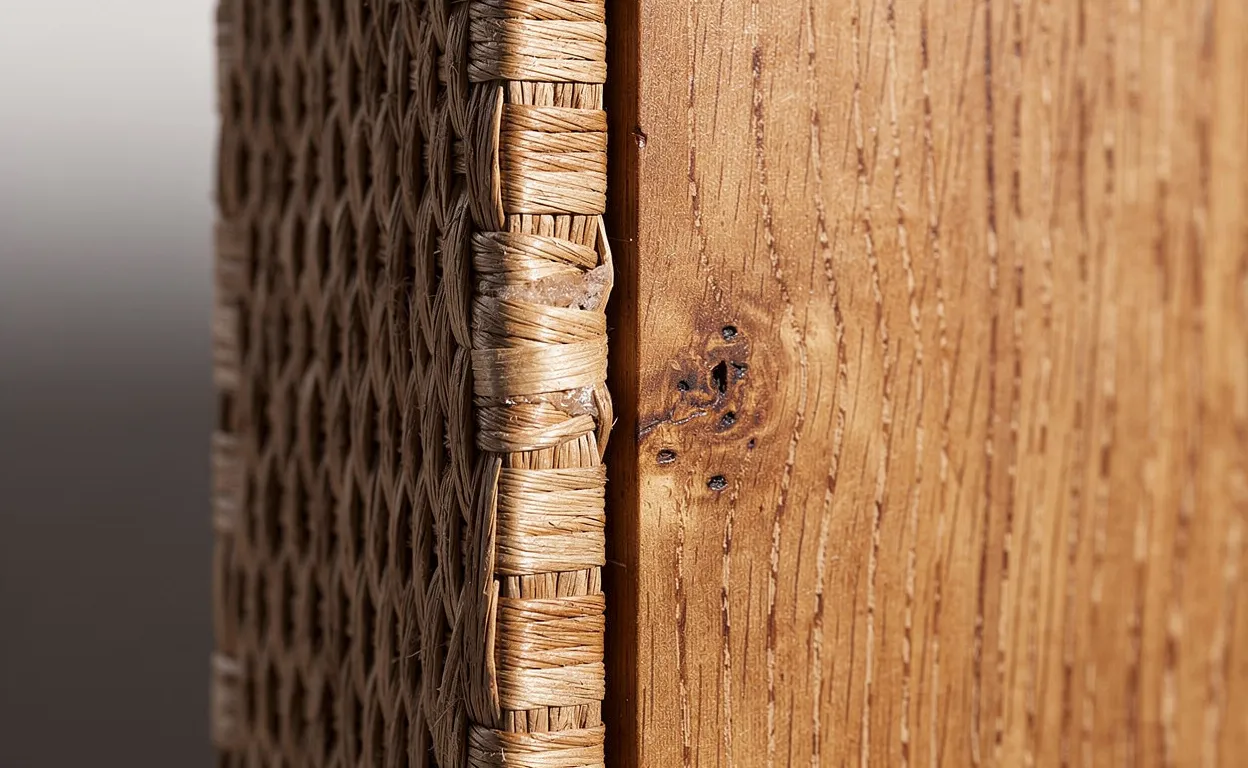 Deux panneaux de bois côte à côte montrent une jonction par fibrecouture avec fibres tressées et une autre avec colle aux lignes visibles, sous une lumière douce dévoilant les textures.