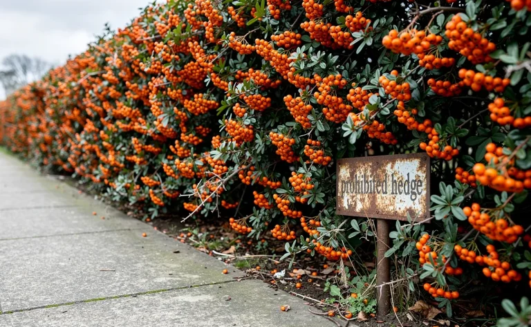 Une haie dense de pyracantha aux baies orangées longe un trottoir, accompagnée d’un vieux panneau interdit.