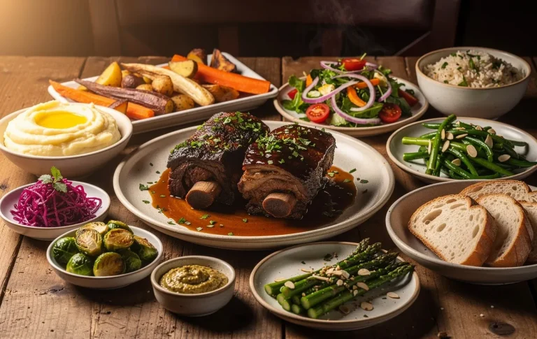 Assiette de joues de porc mijotées à la bière posée sur une table en bois rustique, entourée de dix accompagnements variés et colorés sous un éclairage chaleureux.