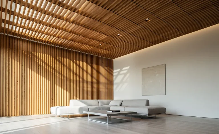 Plafond moderne en lattes de bois formant une grille, laissant passer la lumière du soleil et projetant des ombres géométriques sur un salon minimaliste.