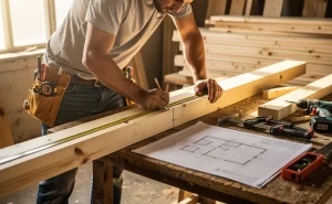 Une personne mesure et marque des solives en bois dans un atelier lumineux, avec des plans et des outils de menuiserie disposés autour.