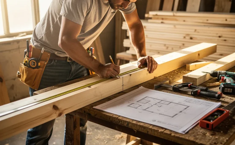 Une personne mesure et marque des solives en bois dans un atelier lumineux, avec des plans et des outils de menuiserie disposés autour.