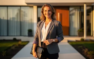 Patricia, agente immobilière souriante en blazer élégant, se tient à l’entrée d’une maison moderne baignée de lumière dorée.