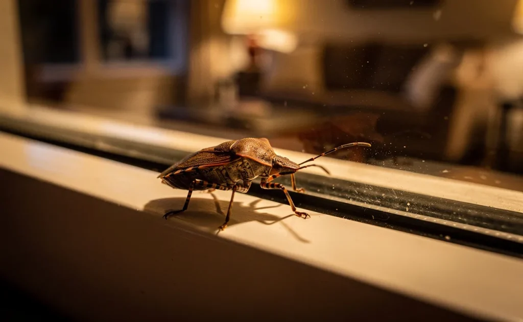 Un punaise brune marbrée rampe sur le rebord d’une fenêtre éclairée dans un salon le soir.