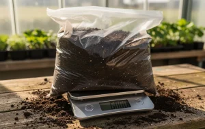 Un grand sac plastique transparent rempli de terreau repose sur une balance électronique dans une serre lumineuse, avec de la terre répandue sur une table en bois.