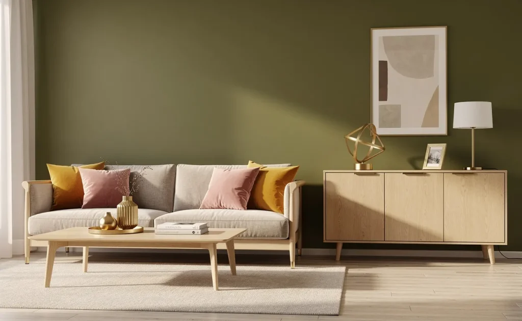 Salon contemporain aux murs vert olive, avec des coussins moutarde et rose poudré, du mobilier en chêne clair, des éléments dorés et baigné de lumière douce.
