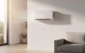 Un appareil de ventilation moderne fixé au mur diffuse un léger flux d’air dans une pièce propre et lumineuse, avec des particules de poussière visibles.