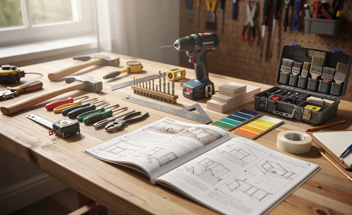 Un établi bien éclairé présente des outils de bricolage et des matériaux de loisirs créatifs soigneusement rangés, accompagnés de manuels d’instructions ouverts.