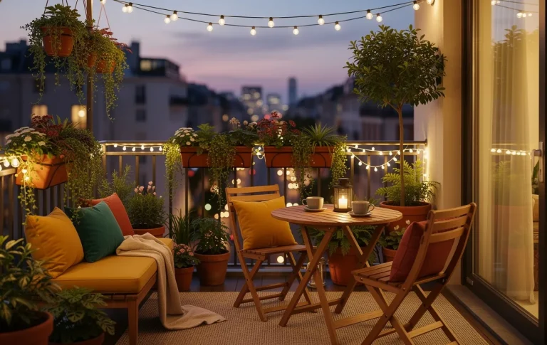 Un balcon citadin aménagé avec des plantes verdoyantes, des guirlandes lumineuses, des coussins colorés et un petit ensemble bistro en bois éclairé d'une douce lumière du soir.