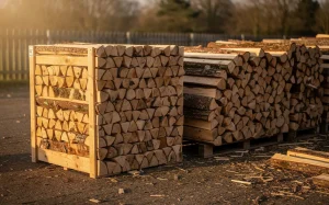 Un mètre cube de bûches empilées se trouve à côté d’un stère de bois dans une cour extérieure au soleil couchant.
