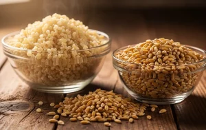 Deux bols en verre posés sur une table en bois, l’un contenant du boulgour cuit et l’autre du blé cru, avec quelques grains dispersés entre eux.