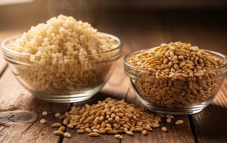 Deux bols en verre posés sur une table en bois, l’un contenant du boulgour cuit et l’autre du blé cru, avec quelques grains dispersés entre eux.