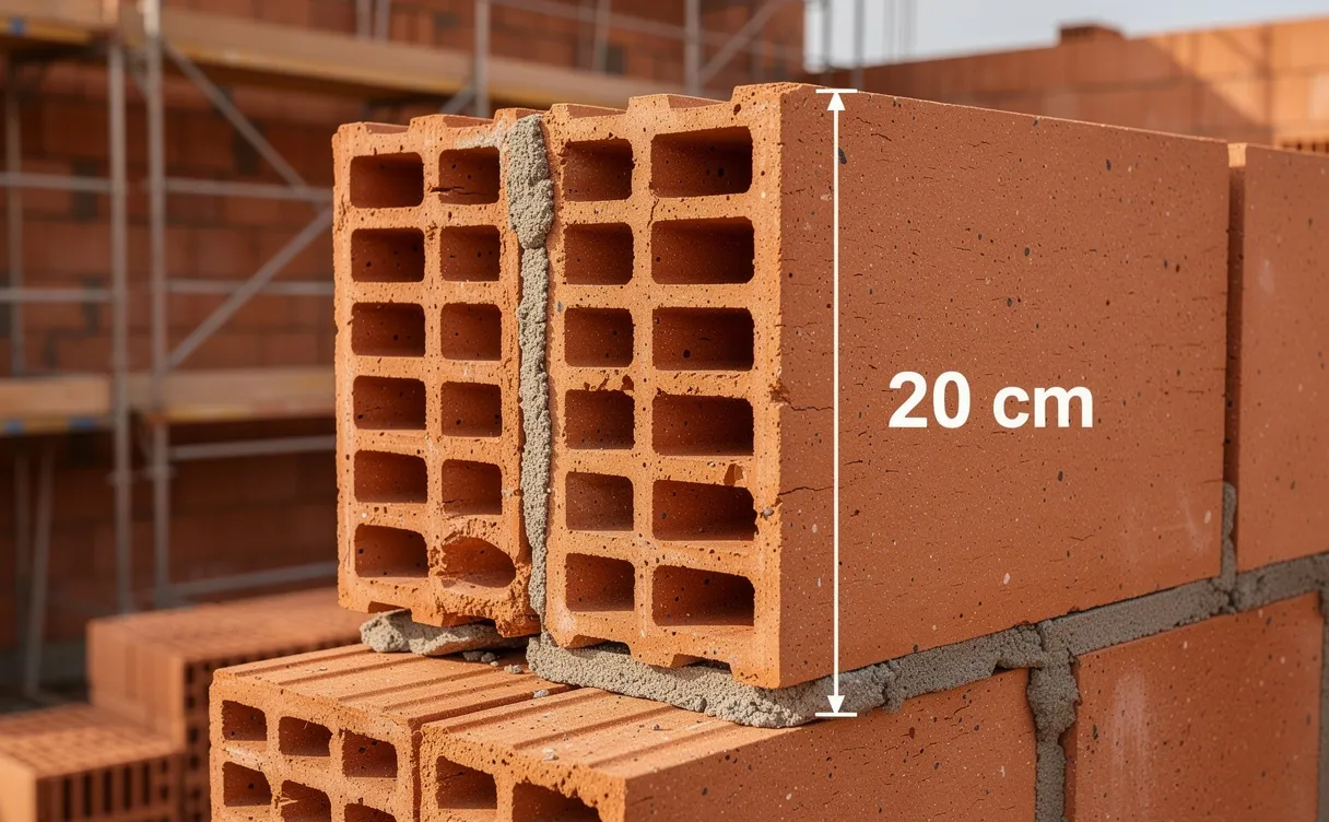 Vue réaliste d’une section de mur en brique creuse de 20 cm d’épaisseur, exposant les alvéoles internes sur un chantier éclairé en douceur.