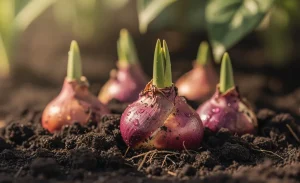 Des bulbes de tulipes colorés sont posés dans une terre humide, avec quelques pousses vertes qui émergent sous une lumière douce filtrée par des feuilles.