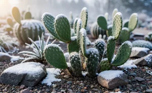 Des cactus rustiques recouverts d’une fine couche de neige apparaissent parmi des rochers dans un jardin d’hiver éclairé par la lumière du matin.