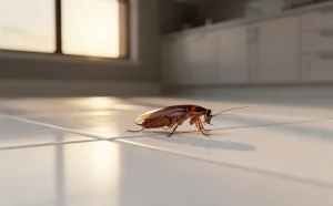 Un cafard marche seul sur le sol propre d’une cuisine moderne éclairée par la lumière chaude du soir.
