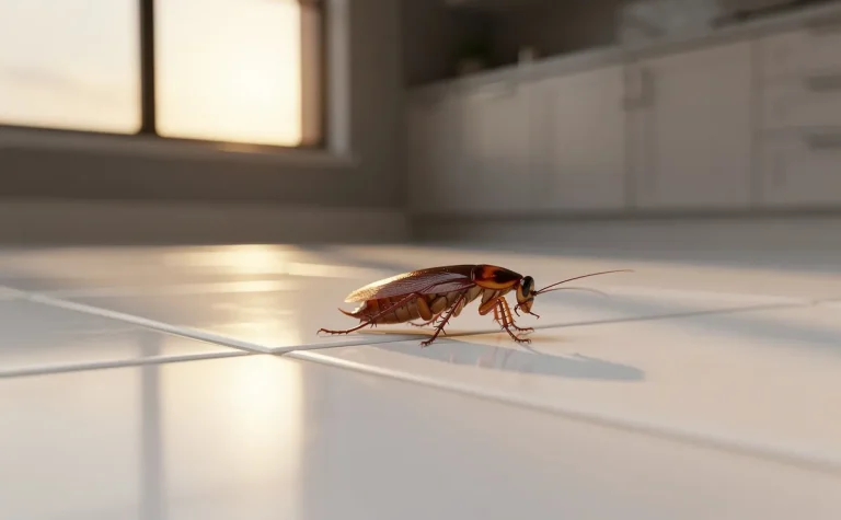 Un cafard marche seul sur le sol propre d’une cuisine moderne éclairée par la lumière chaude du soir.
