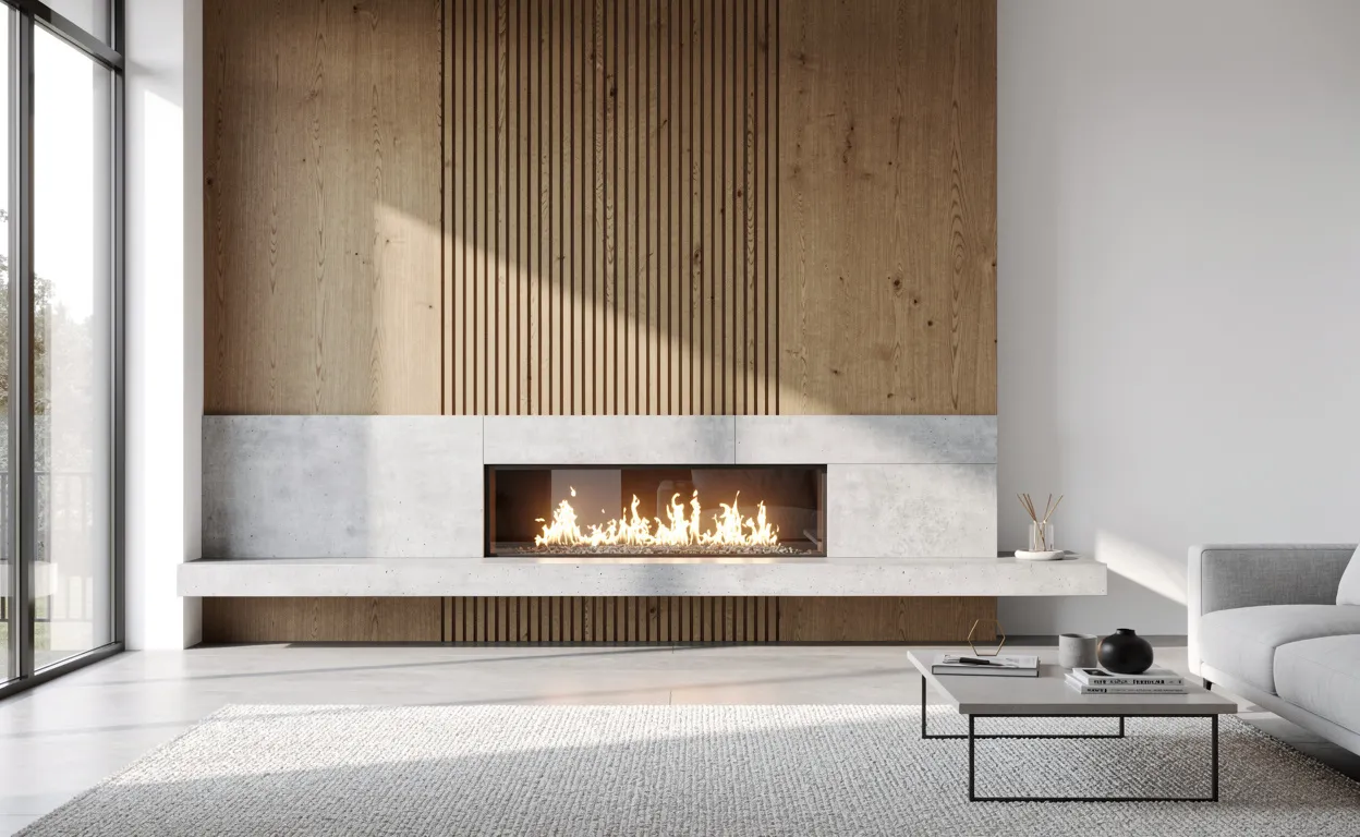 Cheminée moderne en bois et béton dans un salon lumineux et épuré avec de grandes fenêtres.