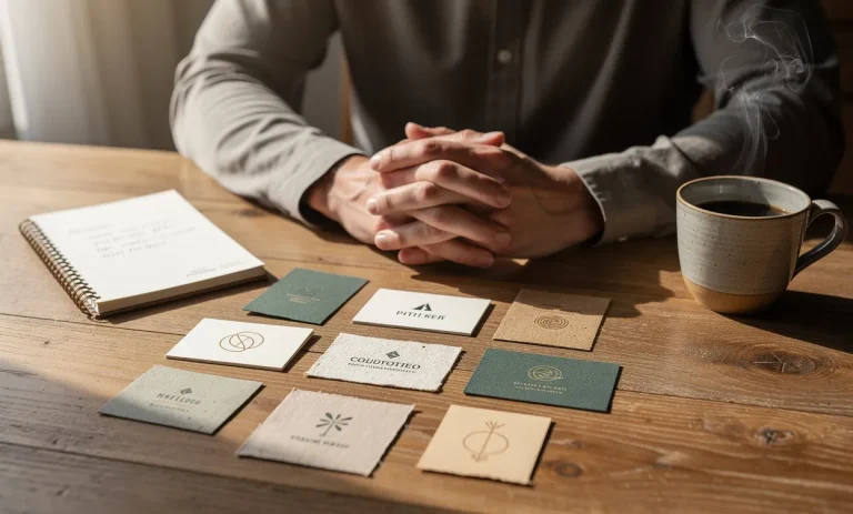 Un propriétaire songeur observe plusieurs cartes de visite d’artisans posées sur une table en bois avec un carnet, une tasse de café et une lumière douce.