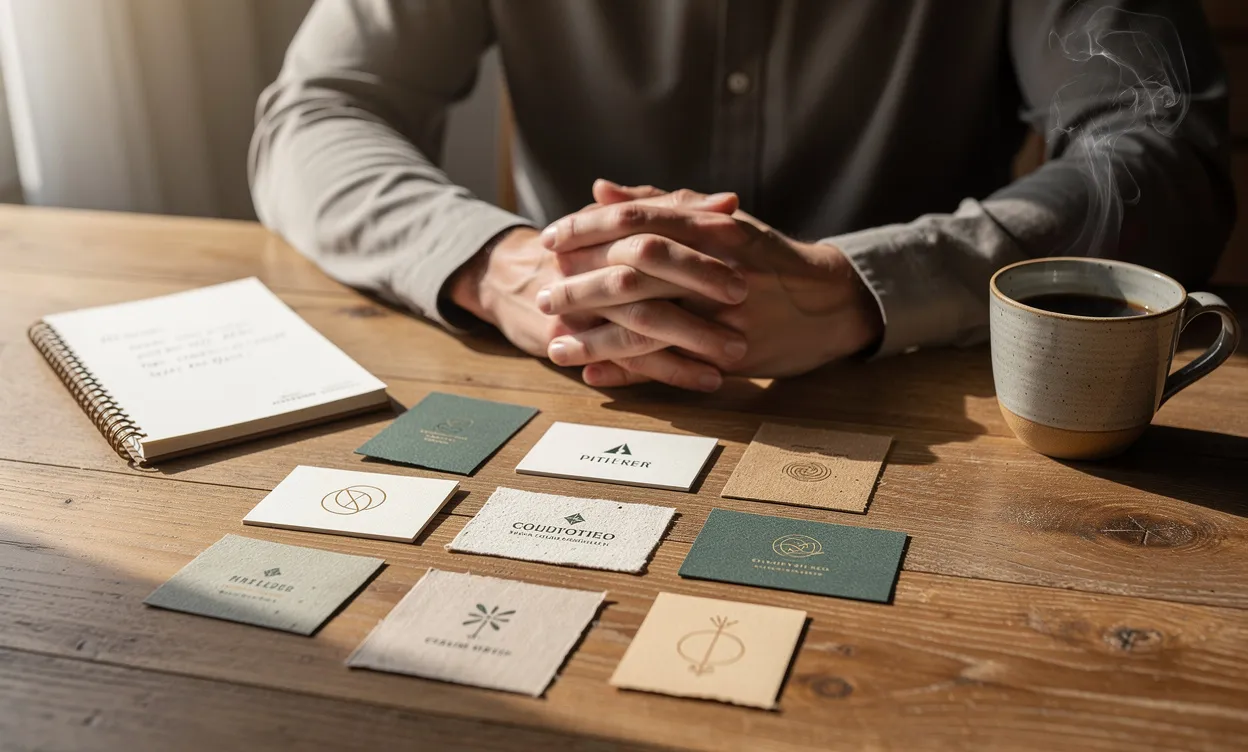 Un propriétaire songeur observe plusieurs cartes de visite d’artisans posées sur une table en bois avec un carnet, une tasse de café et une lumière douce.