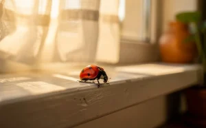 Une coccinelle vive est posée sur un rebord de fenêtre dans une pièce baignée de lumière douce.
